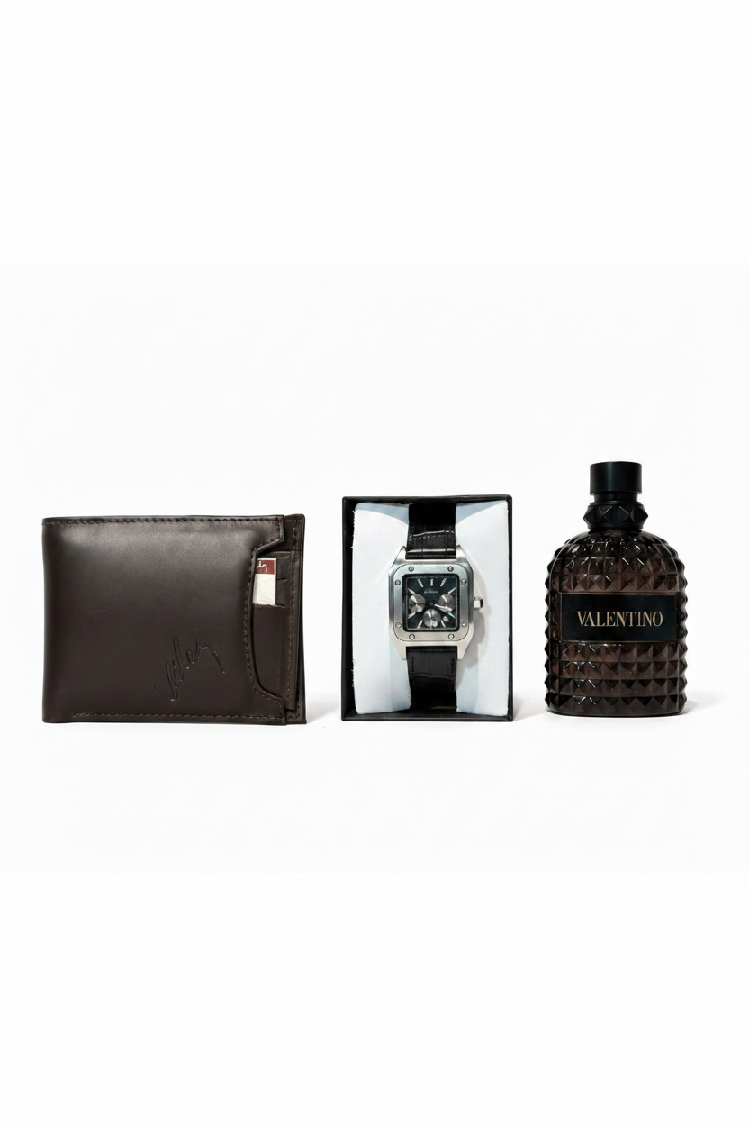 COMBO VALENTINO ROCKSTUND NOIR + CARTIER SANTOS 100 CHRONOGRAPH + BILLETERA VÉLEZ NEGRA